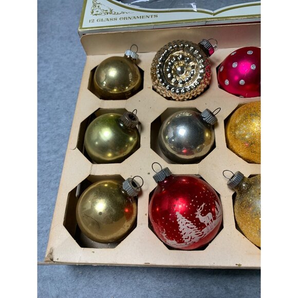 Vintage Shiny Brite 12 Glass Christmas Ornaments Gold Red Blue Silver Polka Dots - Picture 3 of 11